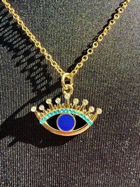 Handmade Gold Evil Eye Necklace with Crystal Lashes! Blue Turquoise Teal Sparkle